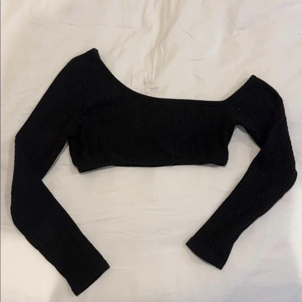 MOVING SALE Zaful Black Ribbed Off Shoulder Cropped Long Sleeve Knit Top - Picture 3 of 8